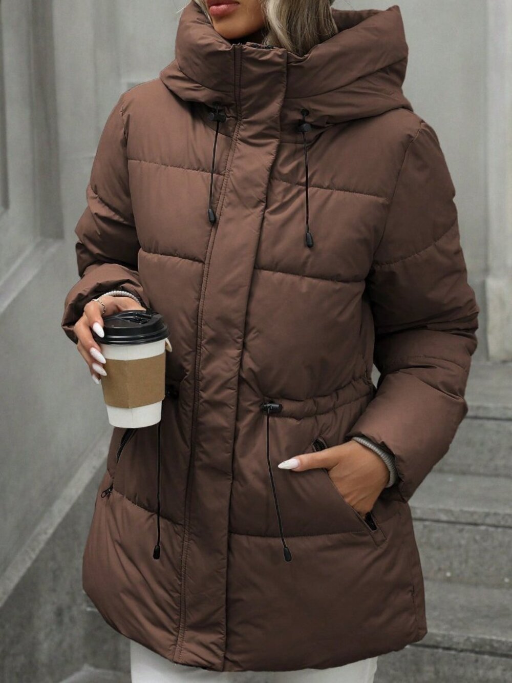 Coffee Brown Casual Women's Slim Waist Drawstring Hooded Puffer Jacket - Picture 3 of 5